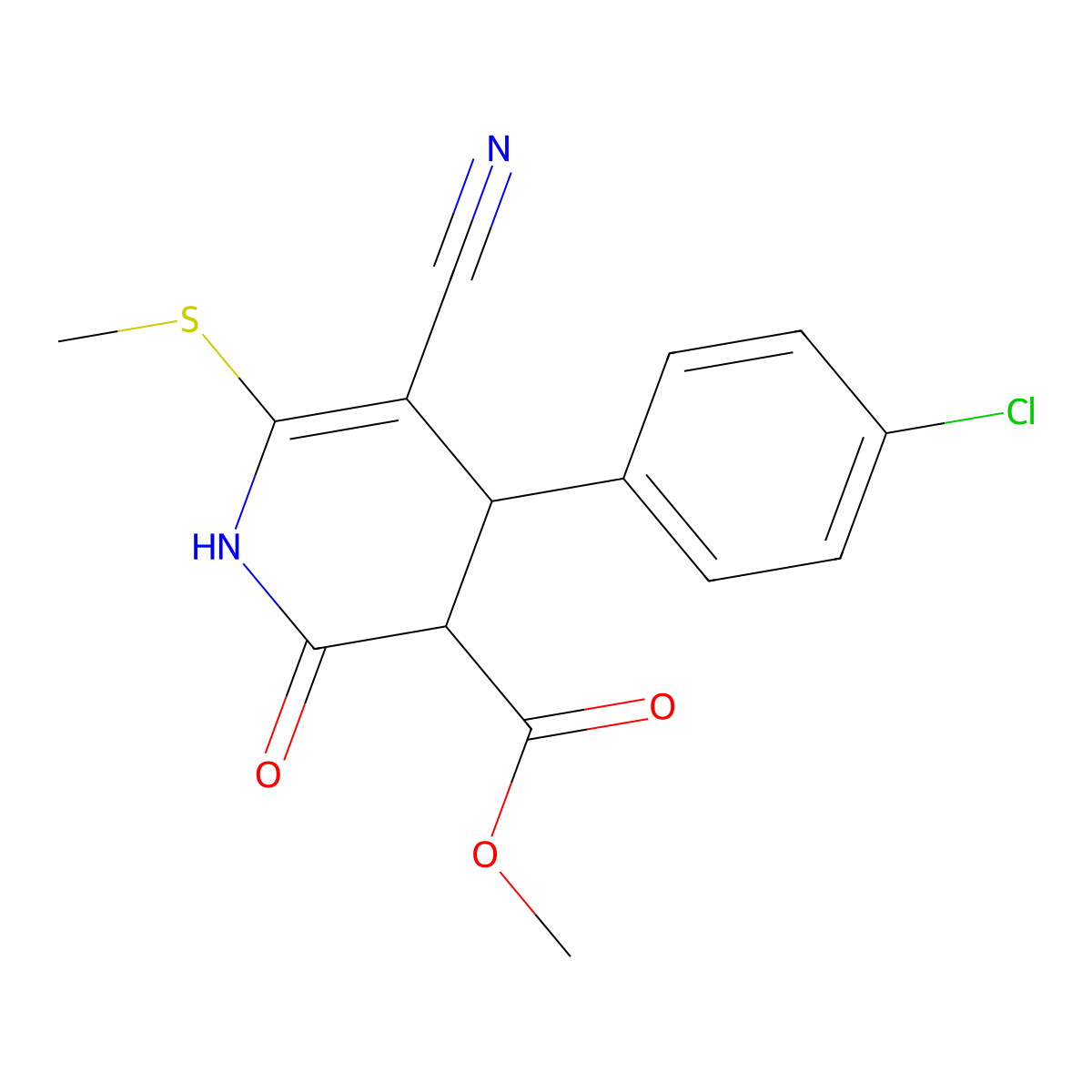 Methyl 4-(4-chlorophenyl)-5-cyano-6-(methylthio)-2-oxo-1,2,3,4-tetrahydropyridine-3-carboxylate molecular structure, CAS 354990-32-2