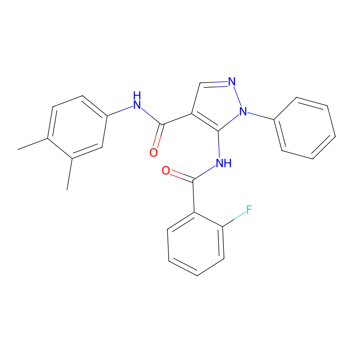 N-(3,4-dimethylphenyl)-5-[(2-fluorobenzoyl)amino]-1-phenylpyrazole-4-carboxamide molecular structure, CAS 354990-68-4