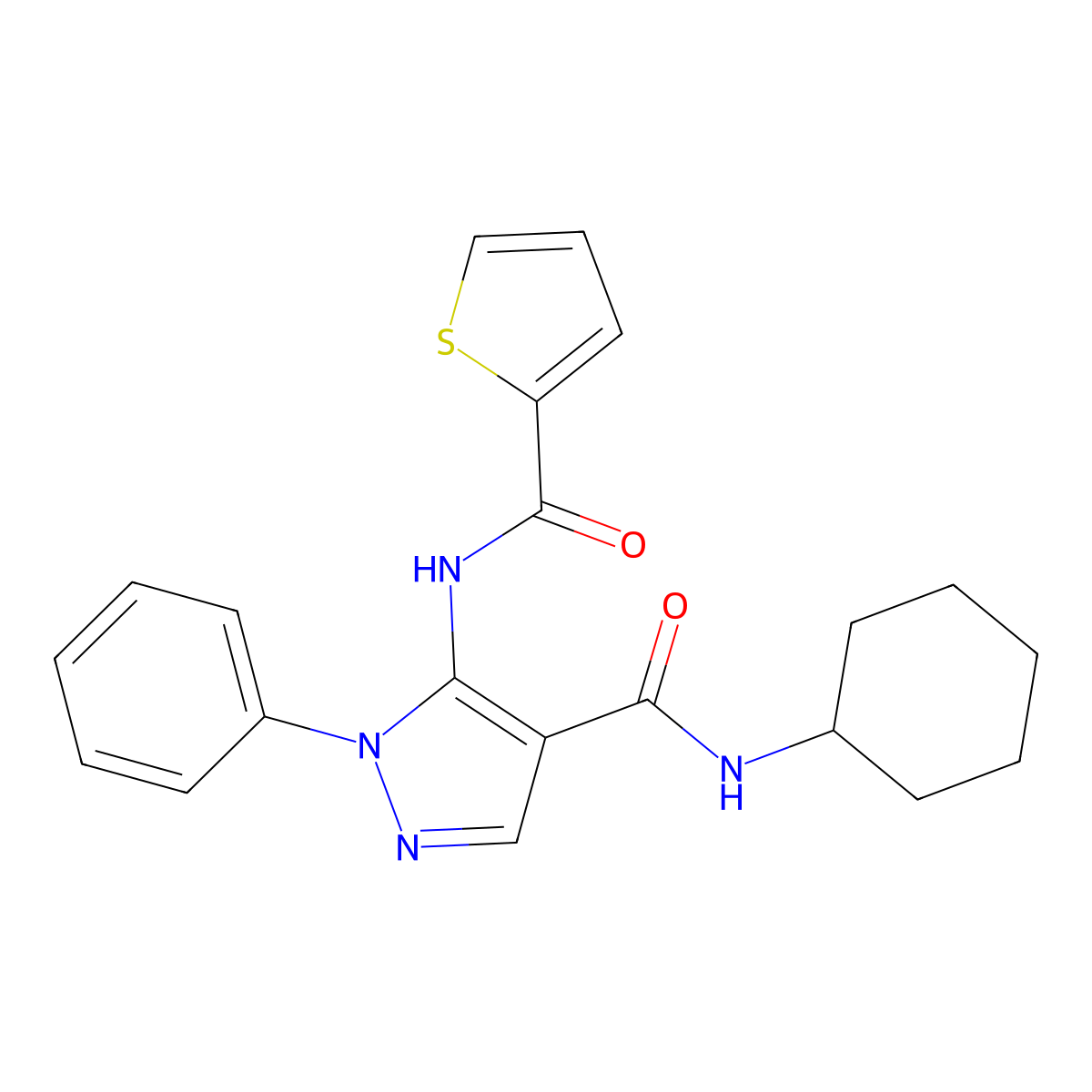 N-cyclohexyl-1-phenyl-5-(thiophene-2-carbonylamino)pyrazole-4-carboxamide molecular structure, CAS 354990-71-9