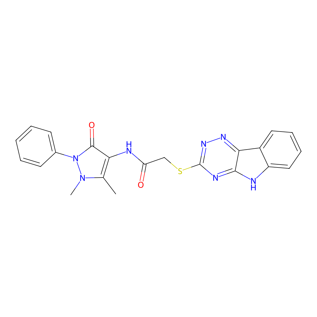 N-(1,5-dimethyl-3-oxo-2-phenyl-2,3-dihydro-1H-pyrazol-4-yl)-2-(5H-[1,2,4]triazino[5,6-b]indol-3-ylsulfanyl)acetamide molecular structure, CAS 354990-75-3