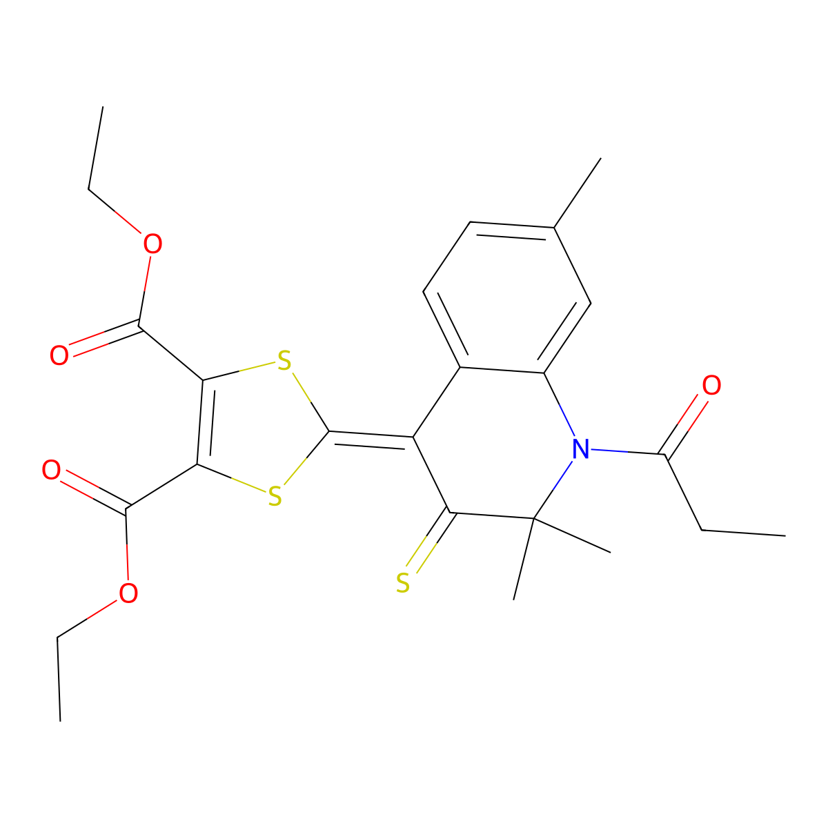 Diethyl 2-(2,2,7-trimethyl-1-propanoyl-3-sulfanylidenequinolin-4-ylidene)-1,3-dithiole-4,5-dicarboxylate molecular structure, CAS 354991-77-8