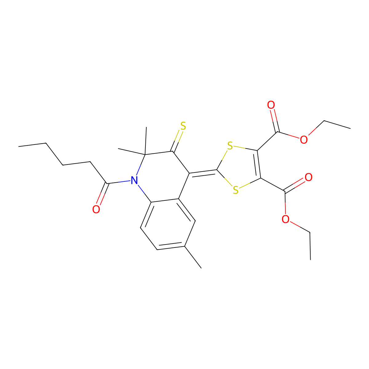 Diethyl 2-(2,2,6-trimethyl-1-pentanoyl-3-sulfanylidenequinolin-4-ylidene)-1,3-dithiole-4,5-dicarboxylate molecular structure, CAS 354991-78-9