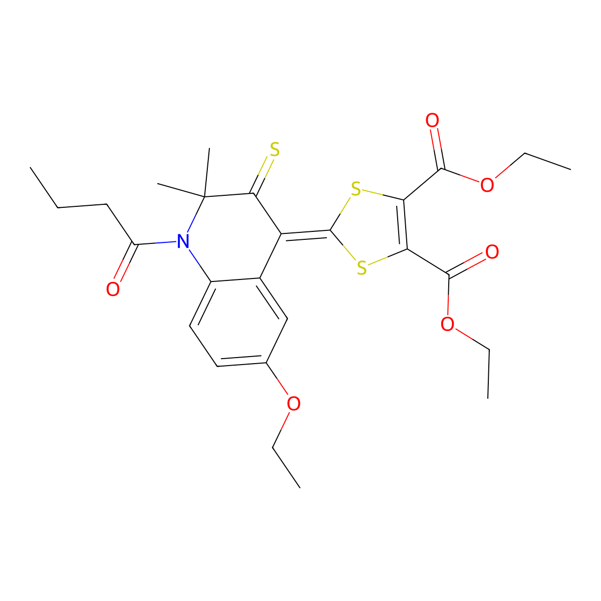 Diethyl 2-(1-butanoyl-6-ethoxy-2,2-dimethyl-3-sulfanylidenequinolin-4-ylidene)-1,3-dithiole-4,5-dicarboxylate molecular structure, CAS 354991-81-4