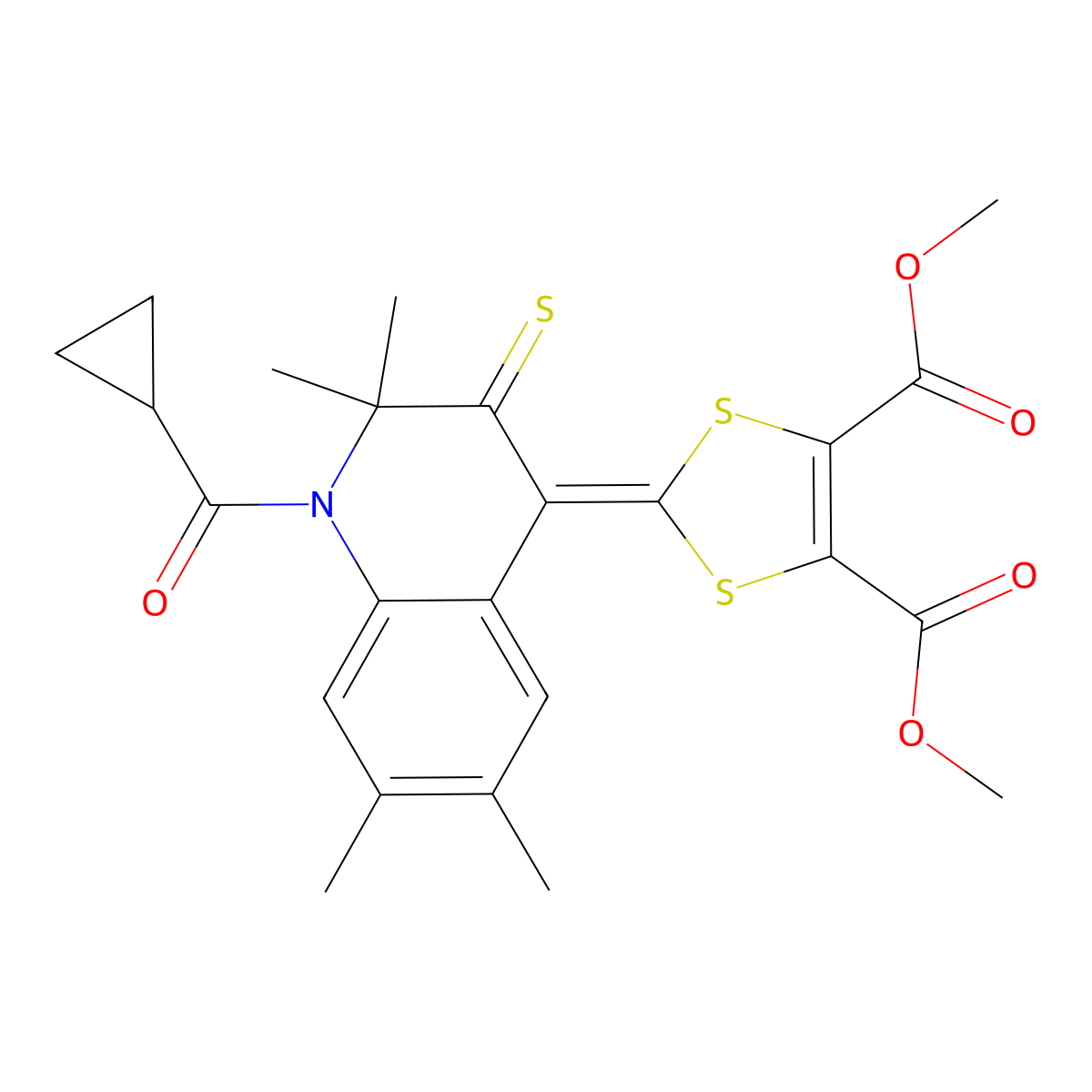 Dimethyl 2-[1-(cyclopropanecarbonyl)-2,2,6,7-tetramethyl-3-sulfanylidenequinolin-4-ylidene]-1,3-dithiole-4,5-dicarboxylate molecular structure, CAS 354991-82-5