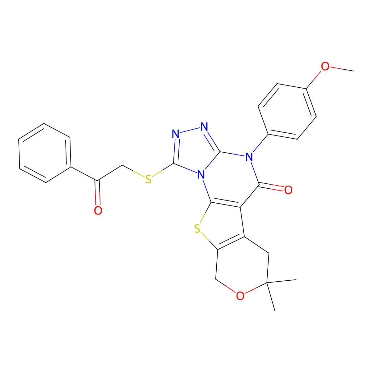 4-(4-methoxyphenyl)-7,7-dimethyl-1-[(2-oxo-2-phenylethyl)sulfanyl]-6,9-dihydro-7H-pyrano[4',3':4,5]thieno[3,2-e][1,2,4]triazolo[4,3-a]pyrimidin-5(4H)-one molecular structure, CAS 354992-43-1