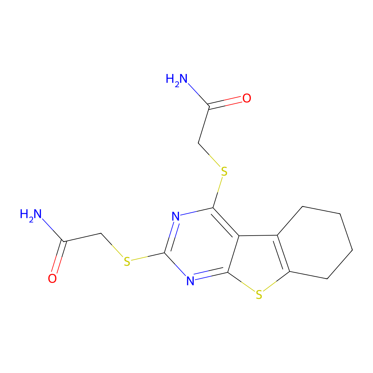 2-[[2-(2-Amino-2-oxoethyl)sulfanyl-5,6,7,8-tetrahydro-[1]benzothiolo[2,3-d]pyrimidin-4-yl]sulfanyl]acetamide molecular structure, CAS 354992-45-3