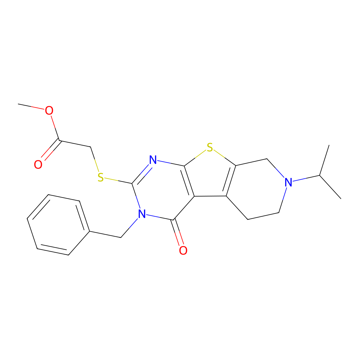 Methyl 2-((3-benzyl-7-isopropyl-4-oxo-3,4,5,6,7,8-hexahydropyrido[4',3':4,5]thieno[2,3-d]pyrimidin-2-yl)thio)acetate molecular structure, CAS 354992-58-8
