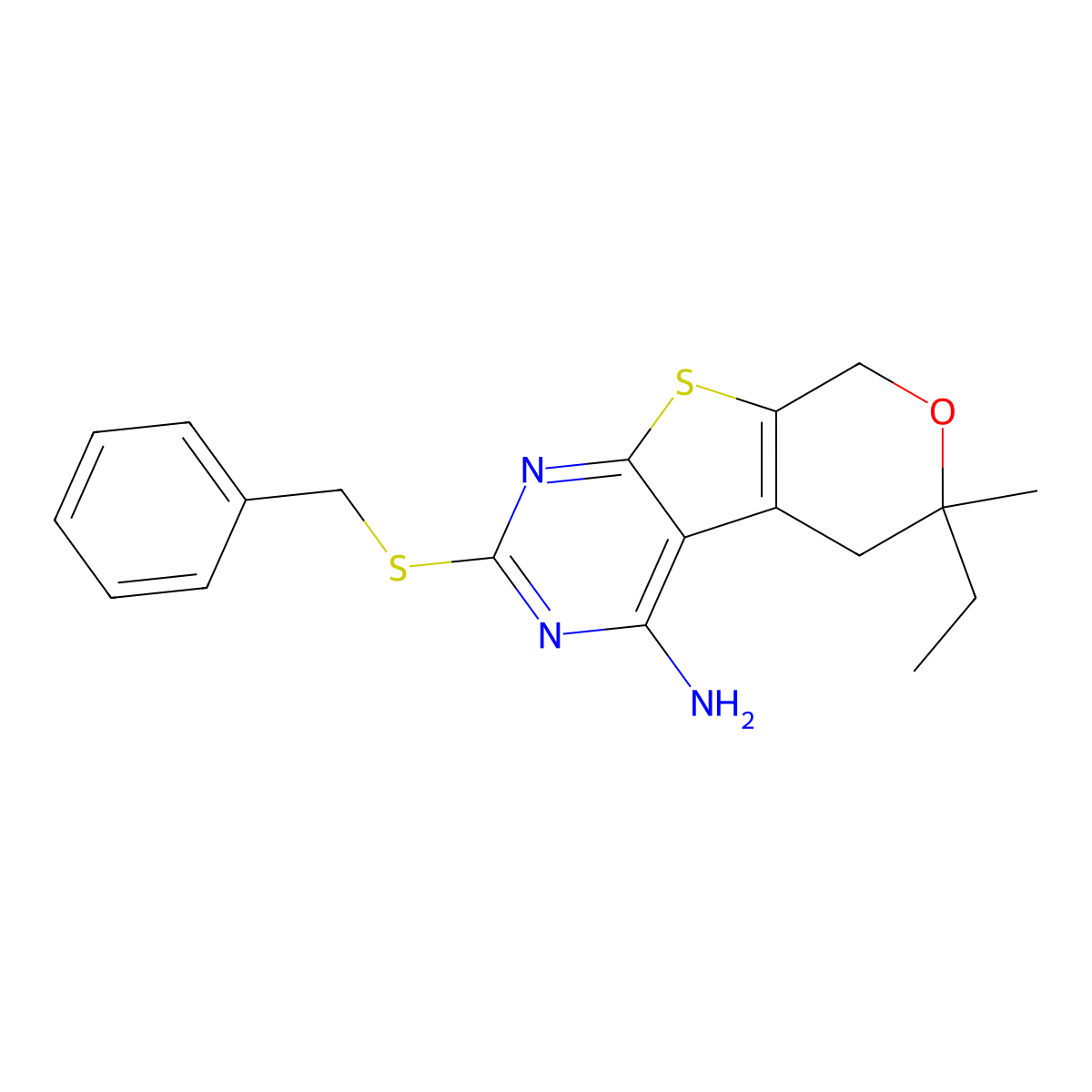 2-(benzylsulfanyl)-6-ethyl-6-methyl-5,8-dihydro-6H-pyrano[4',3':4,5]thieno[2,3-d]pyrimidin-4-ylamine molecular structure, CAS 354992-59-9