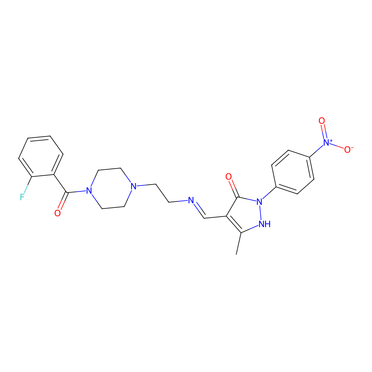 (4E)-4-[[2-[4-(2-fluorobenzoyl)piperazin-1-yl]ethylamino]methylidene]-5-methyl-2-(4-nitrophenyl)pyrazol-3-one molecular structure, CAS 354993-48-9