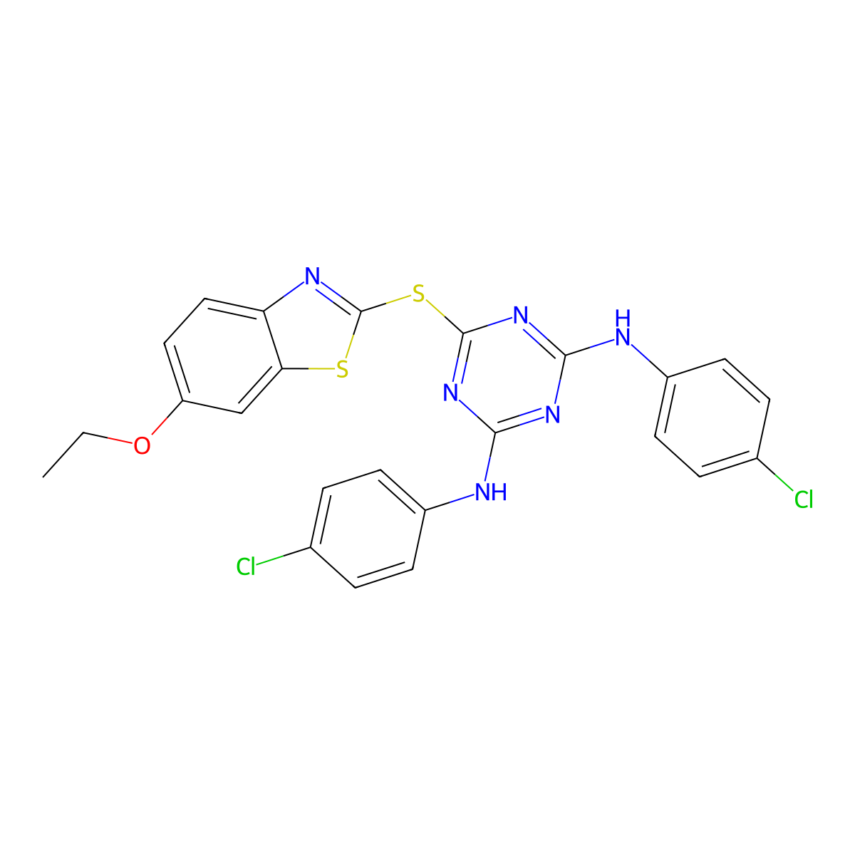 N,N'-bis(4-chlorophenyl)-6-[(6-ethoxy-1,3-benzothiazol-2-yl)sulfanyl]-1,3,5-triazine-2,4-diamine molecular structure, CAS 354993-51-4