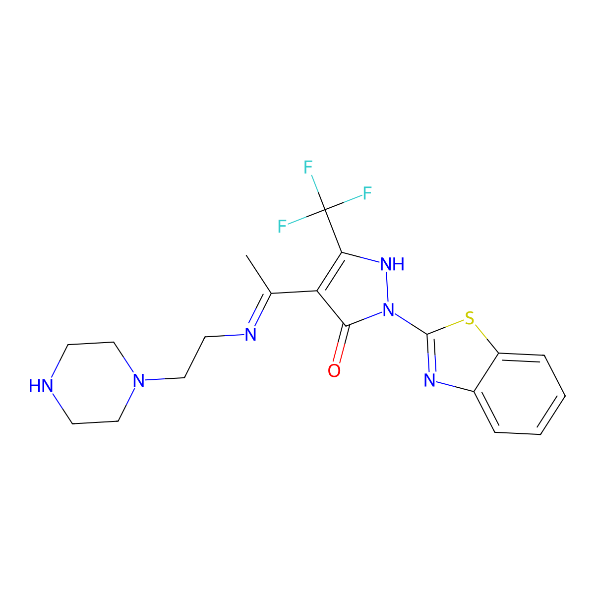(4Z)-2-(1,3-benzothiazol-2-yl)-4-(1-{[2-(piperazin-1-yl)ethyl]amino}ethylidene)-5-(trifluoromethyl)-2,4-dihydro-3H-pyrazol-3-one molecular structure, CAS 354993-56-9