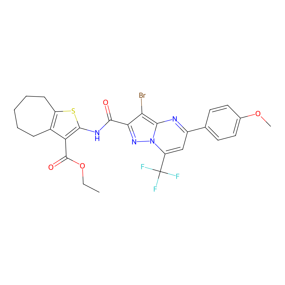 ethyl 2-({[3-bromo-5-(4-methoxyphenyl)-7-(trifluoromethyl)pyrazolo[1,5-a]pyrimidin-2-yl]carbonyl}amino)-5,6,7,8-tetrahydro-4H-cyclohepta[b]thiophene-3-carboxylate molecular structure, CAS 354994-38-0