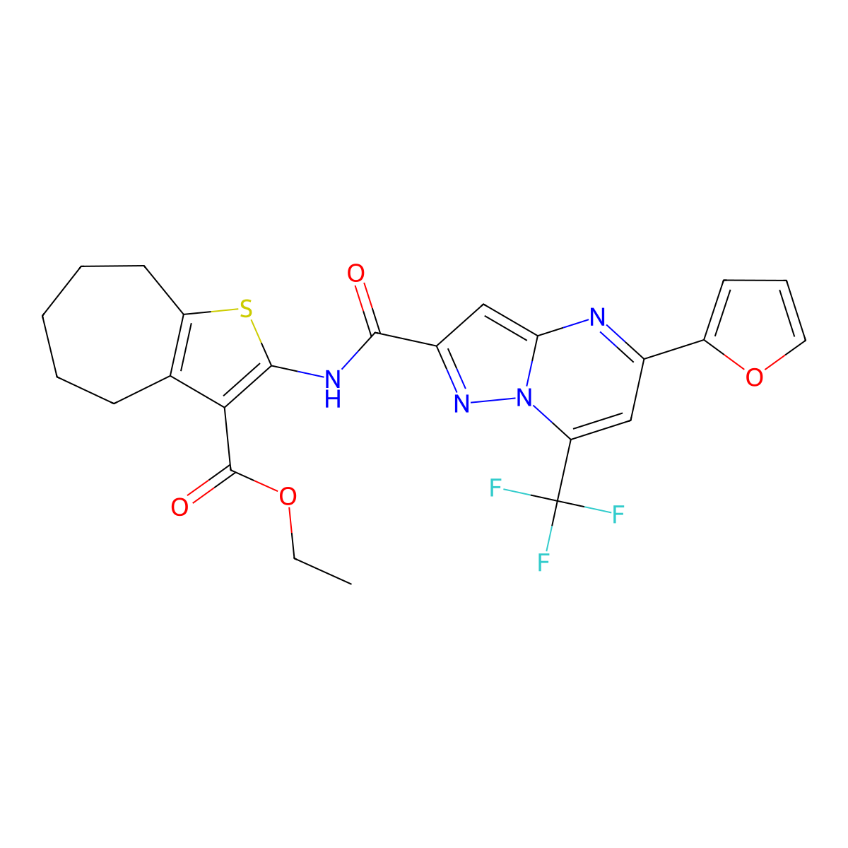ethyl 2-({[5-(2-furyl)-7-(trifluoromethyl)pyrazolo[1,5-a]pyrimidin-2-yl]carbonyl}amino)-5,6,7,8-tetrahydro-4H-cyclohepta[b]thiophene-3-carboxylate molecular structure, CAS 354994-39-1