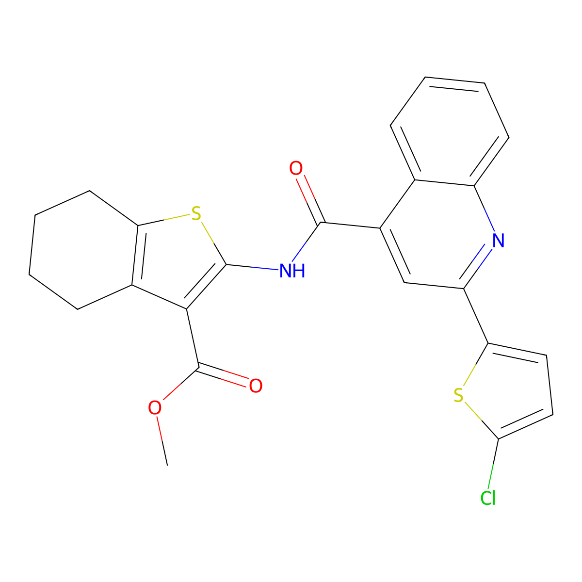 Methyl 2-[[2-(5-chlorothiophen-2-yl)quinoline-4-carbonyl]amino]-4,5,6,7-tetrahydro-1-benzothiophene-3-carboxylate molecular structure, CAS 354996-50-2