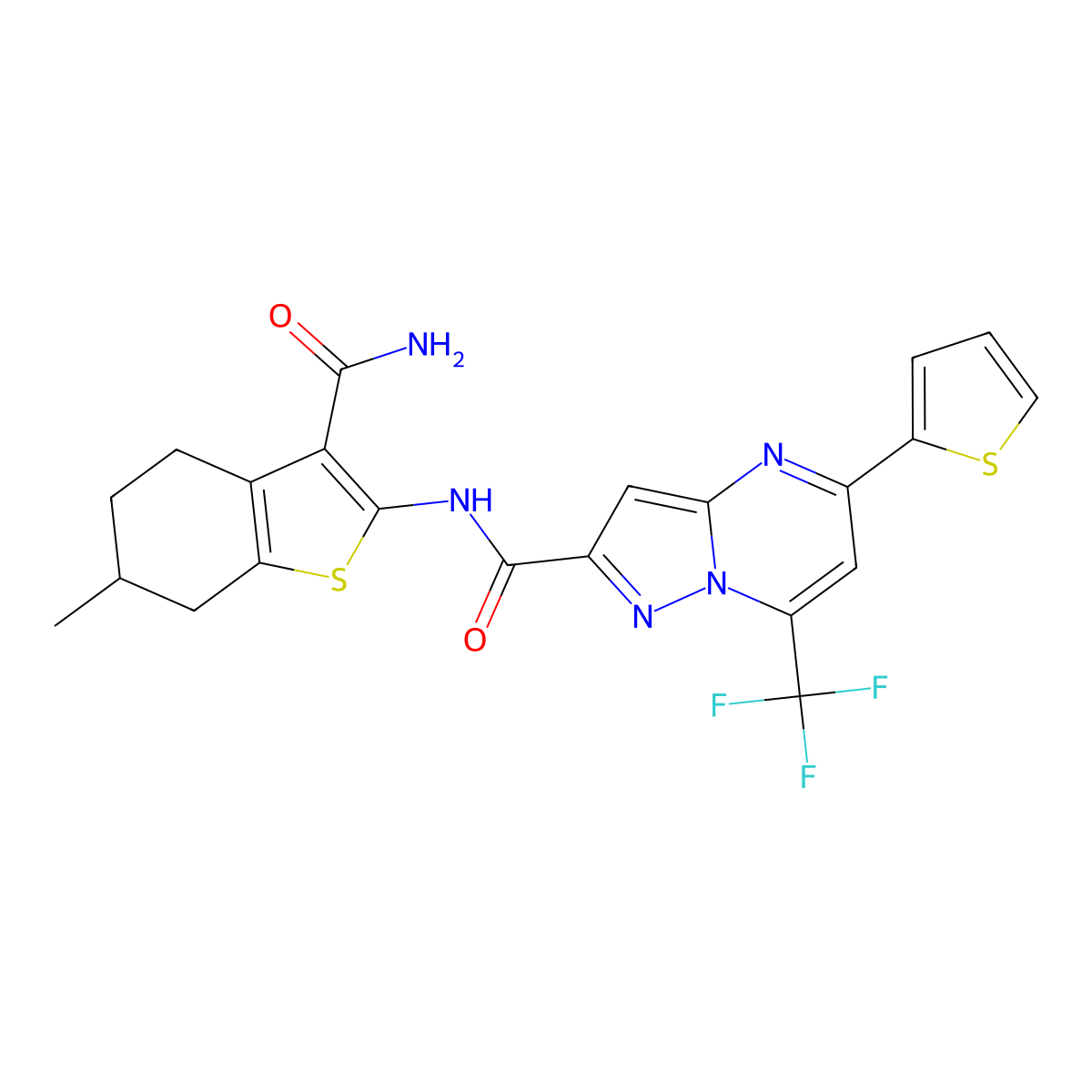 N-(3-carbamoyl-6-methyl-4,5,6,7-tetrahydro-1-benzothiophen-2-yl)-5-thiophen-2-yl-7-(trifluoromethyl)pyrazolo[1,5-a]pyrimidine-2-carboxamide molecular structure, CAS 354997-17-4