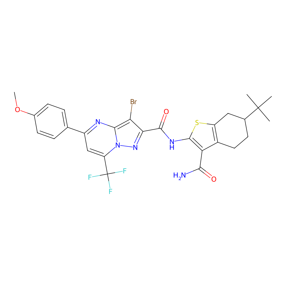 3-bromo-N-(6-tert-butyl-3-carbamoyl-4,5,6,7-tetrahydro-1-benzothiophen-2-yl)-5-(4-methoxyphenyl)-7-(trifluoromethyl)pyrazolo[1,5-a]pyrimidine-2-carboxamide molecular structure, CAS 354997-47-0