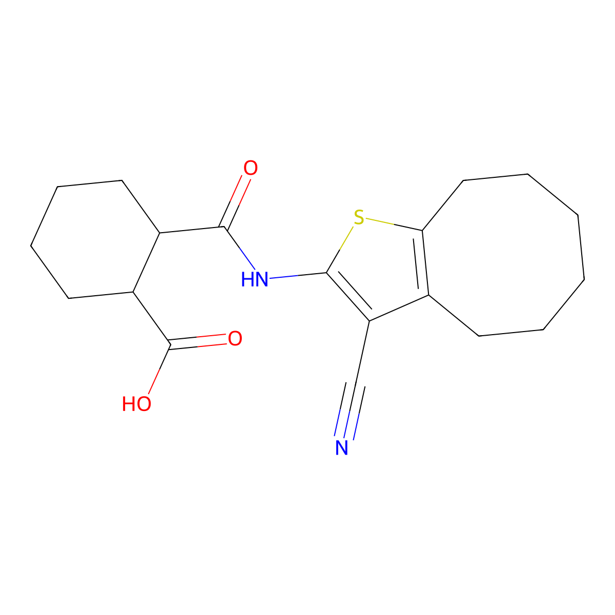 2-[(3-Cyano-4,5,6,7,8,9-hexahydrocycloocta[b]thiophen-2-yl)carbamoyl]cyclohexanecarboxylic acid molecular structure, CAS 355000-43-0
