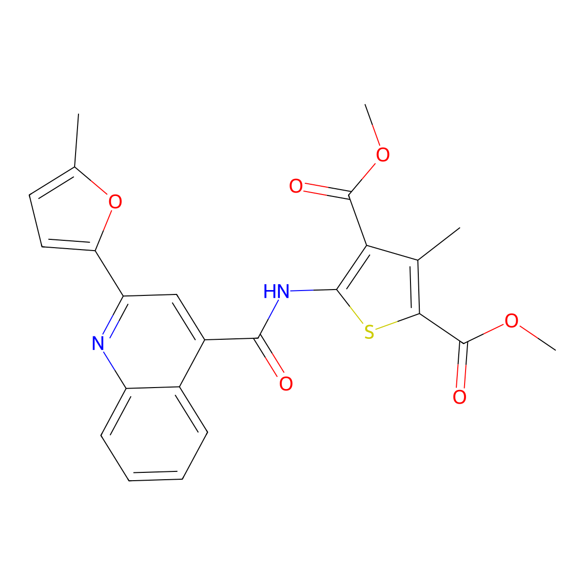 Dimethyl 3-methyl-5-[[2-(5-methylfuran-2-yl)quinoline-4-carbonyl]amino]thiophene-2,4-dicarboxylate molecular structure, CAS 355000-57-6