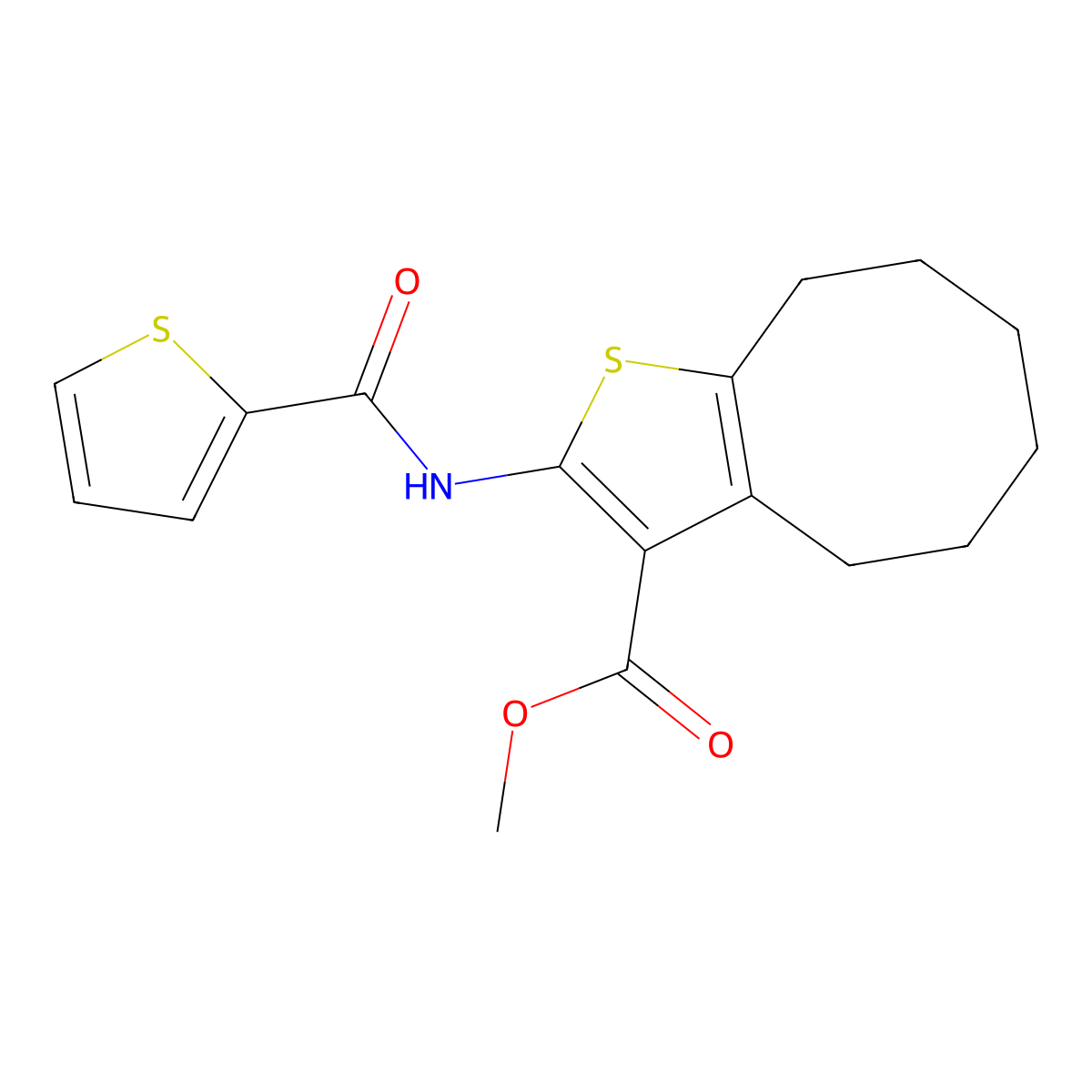 Methyl 2-(thiophene-2-carbonylamino)-4,5,6,7,8,9-hexahydrocycloocta[b]thiophene-3-carboxylate molecular structure, CAS 355000-95-2