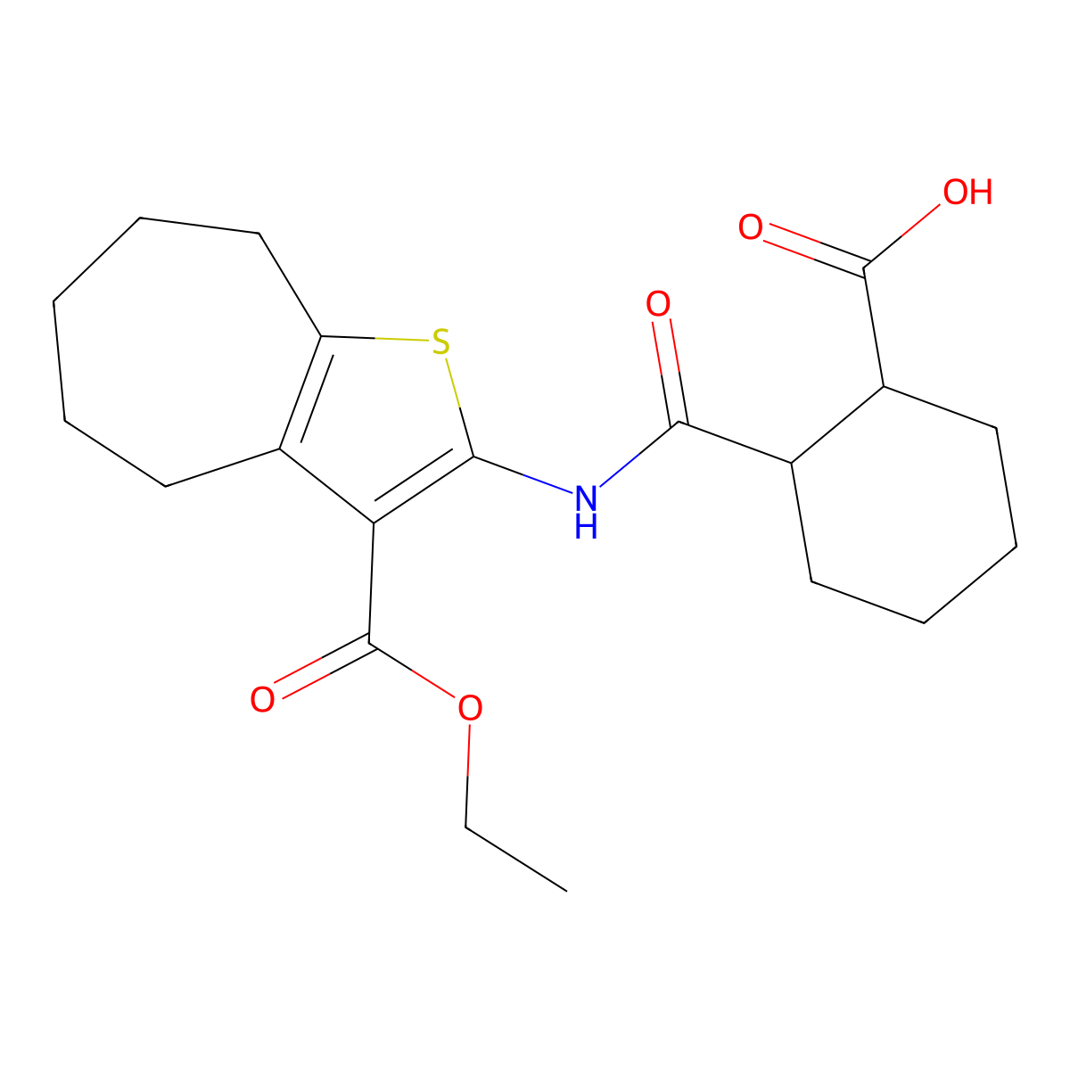 2-{[3-(ethoxycarbonyl)-5,6,7,8-tetrahydro-4H-cyclohepta[b]thiophen-2-yl]carbamoyl}cyclohexanecarboxylic acid molecular structure, CAS 355001-03-5