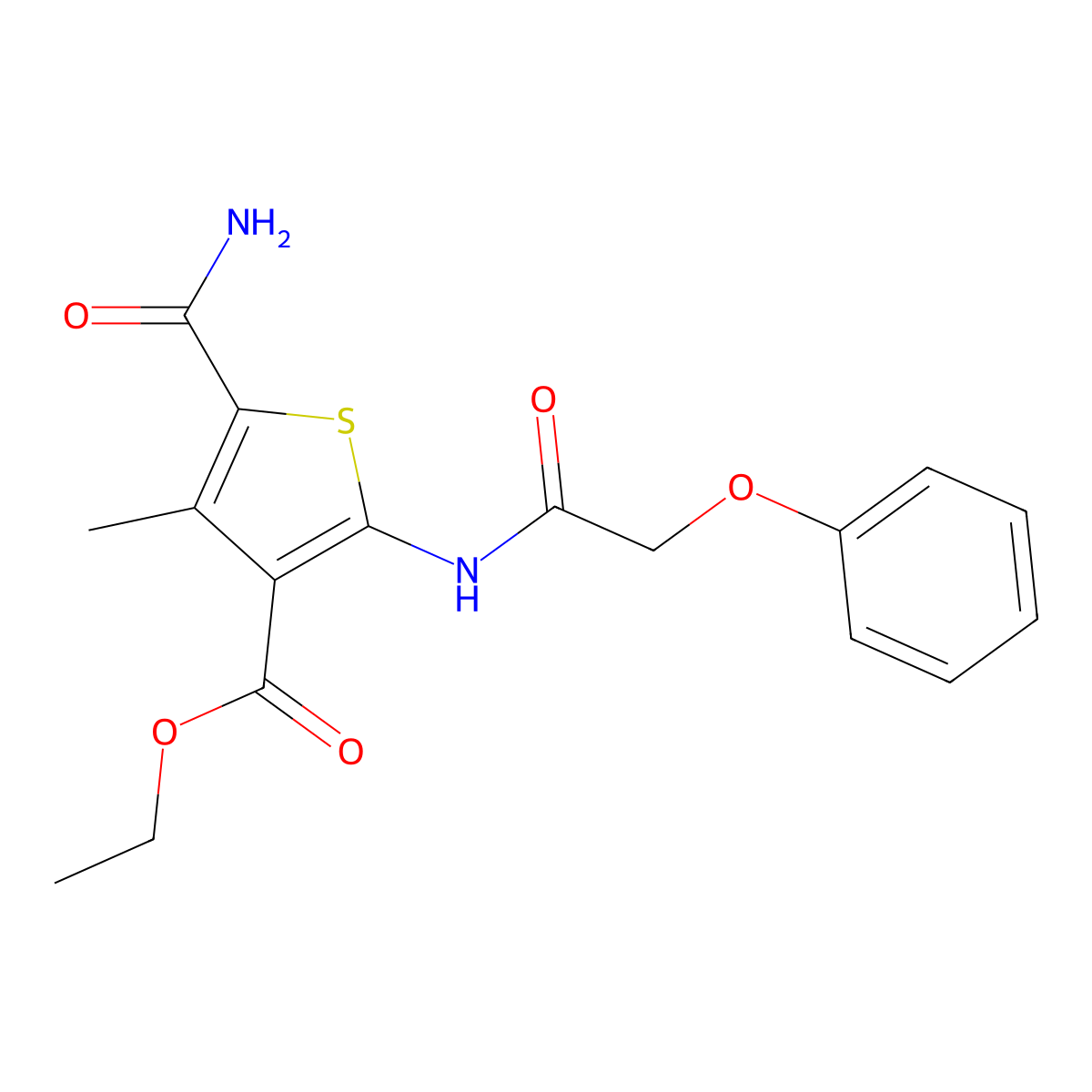 Ethyl 5-carbamoyl-4-methyl-2-[(2-phenoxyacetyl)amino]thiophene-3-carboxylate molecular structure, CAS 355002-18-5