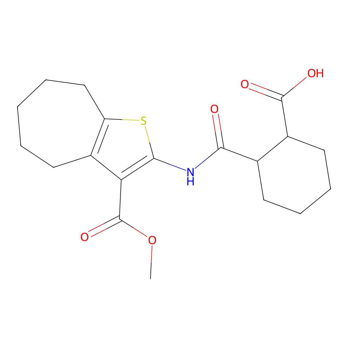 2-[(3-methoxycarbonyl-5,6,7,8-tetrahydro-4H-cyclohepta[b]thiophen-2-yl)carbamoyl]cyclohexane-1-carboxylic acid molecular structure, CAS 355002-41-4