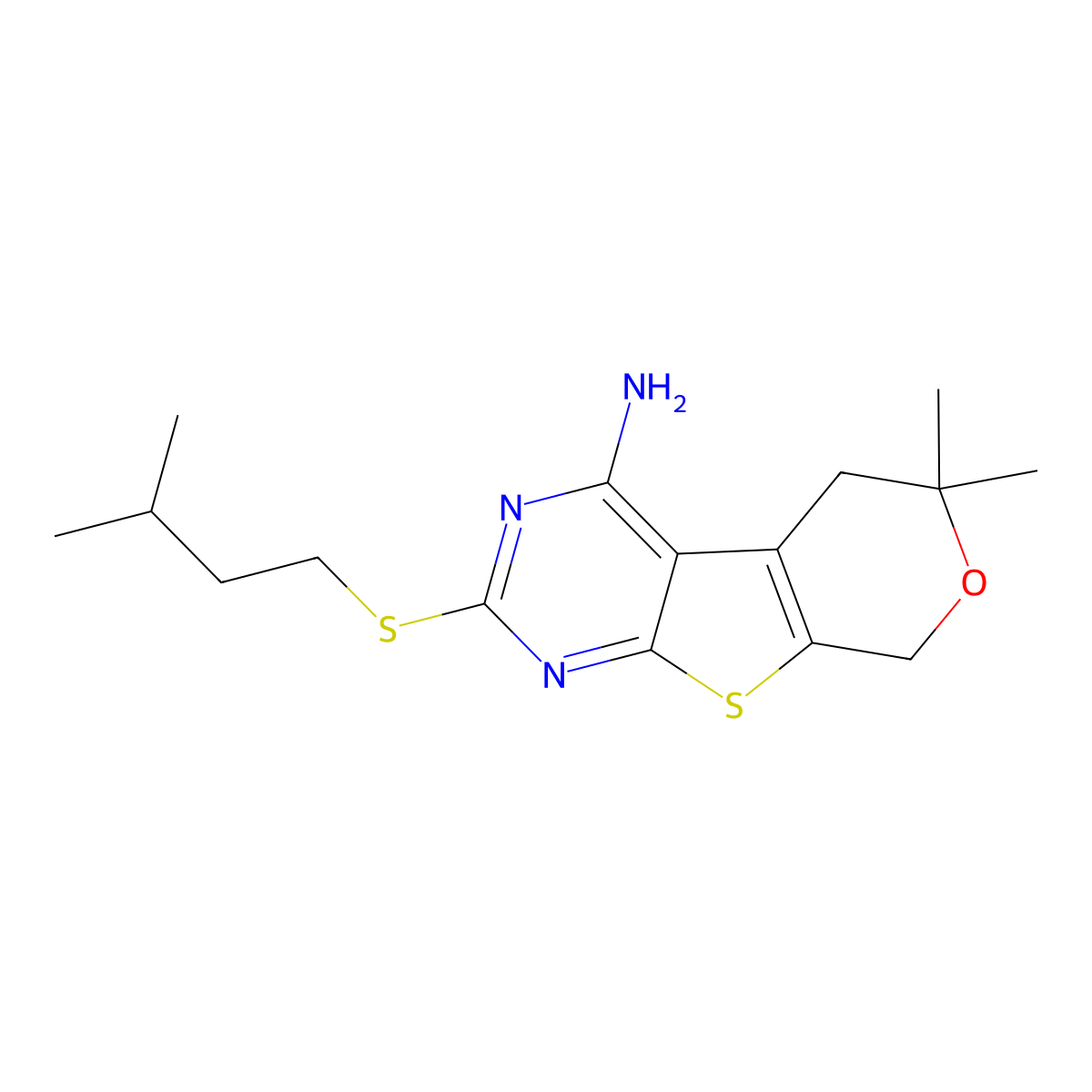 2-(isopentylsulfanyl)-6,6-dimethyl-5,8-dihydro-6H-pyrano[4',3':4,5]thieno[2,3-d]pyrimidin-4-amine molecular structure, CAS 355002-53-8