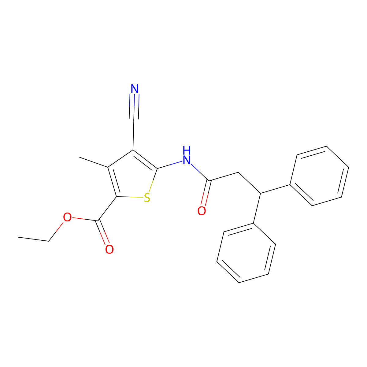 Ethyl 4-cyano-3-methyl-5-((1-oxo-3,3-diphenylpropyl)amino)-2-thiophenecarboxylate molecular structure, CAS 355003-71-3