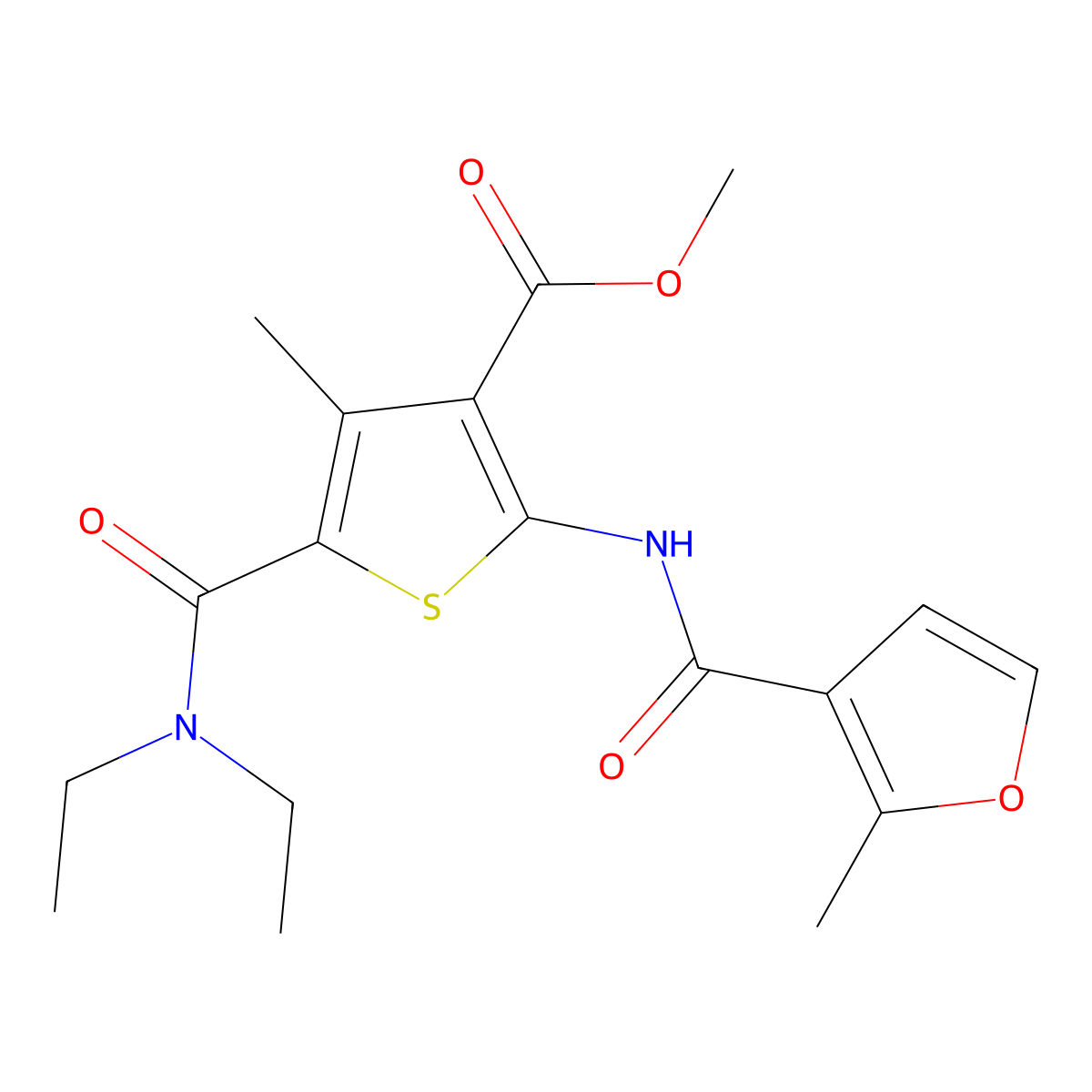Methyl 5-(diethylcarbamoyl)-4-methyl-2-[(2-methylfuran-3-carbonyl)amino]thiophene-3-carboxylate molecular structure, CAS 355004-11-4