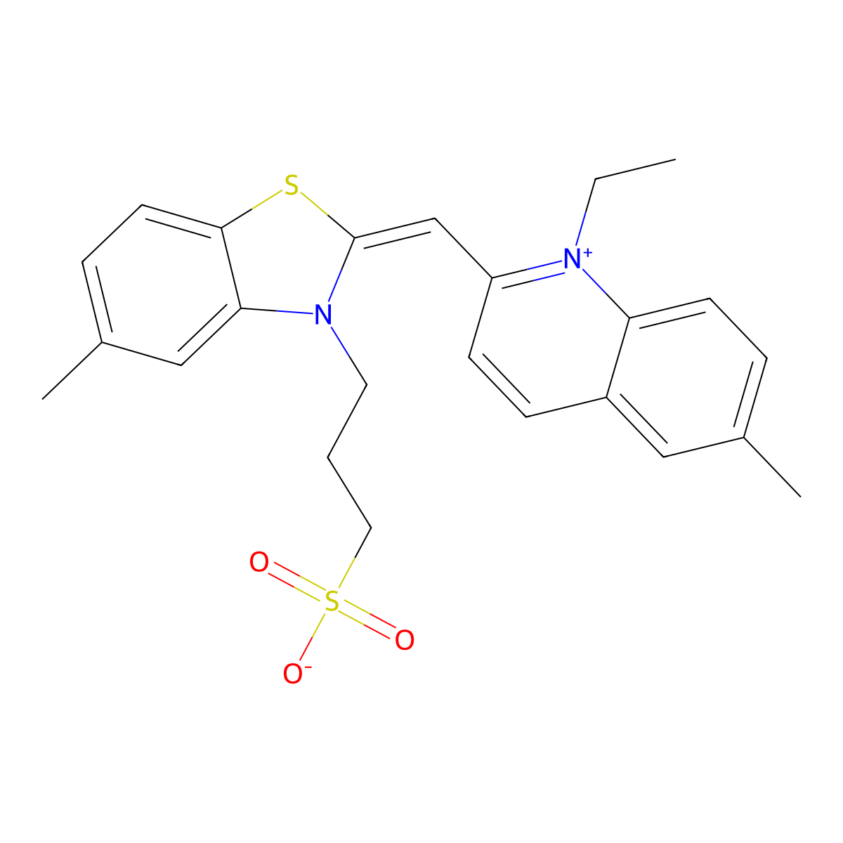 1-Ethyl-6-methyl-2-((5-methyl-3-(3-sulphonatopropyl)-3H-benzothiazol-2-ylidene)methyl)quinolinium molecular structure, CAS 35501-73-6
