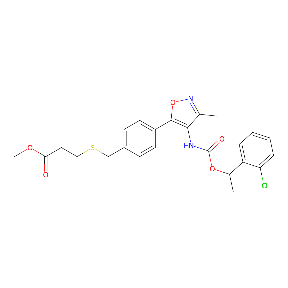 3-(4-(4-((1-(2-Chlorophenyl)ethoxy)carbonylamino)-3-methyl-5-isoxazolyl)benzylsulfanyl)propanoic acid methyl ester molecular structure, CAS 355025-13-7