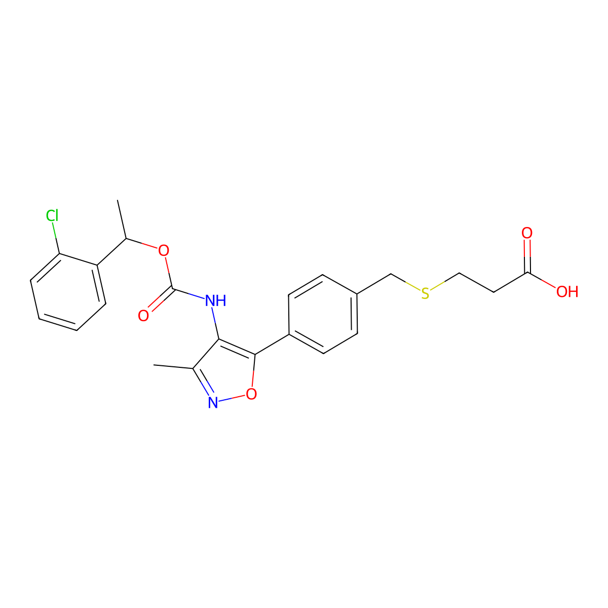 3-(((4-(4-(((1-(2-Chlorophenyl)ethoxy)carbonyl)amino)-3-methyl-5-isoxazolyl)phenyl)methyl)thio)propanoic acid molecular structure, CAS 355025-24-0