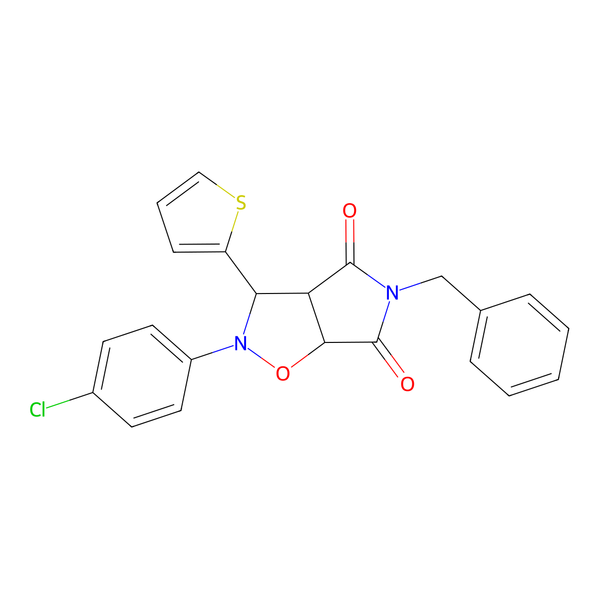 5-benzyl-2-(4-chlorophenyl)-3-(2-thienyl)dihydro-2H-pyrrolo[3,4-d]isoxazole-4,6(3H,5H)-dione molecular structure, CAS 355115-14-9