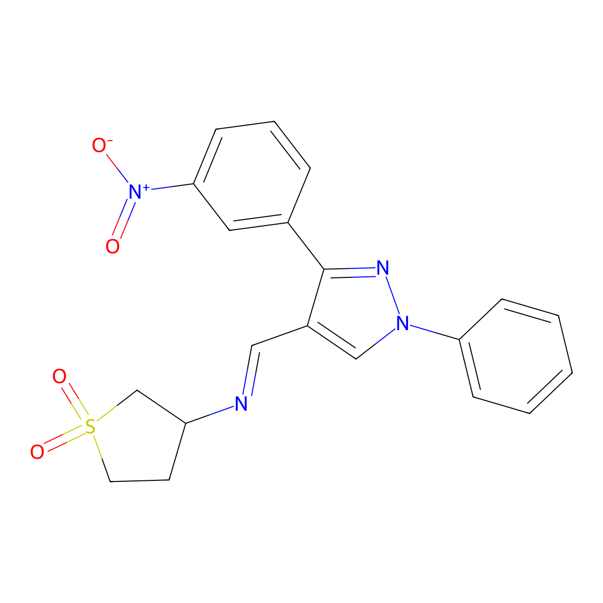 (E)-3-(((3-(3-nitrophenyl)-1-phenyl-1H-pyrazol-4-yl)methylene)amino)tetrahydrothiophene 1,1-dioxide molecular structure, CAS 355115-20-7