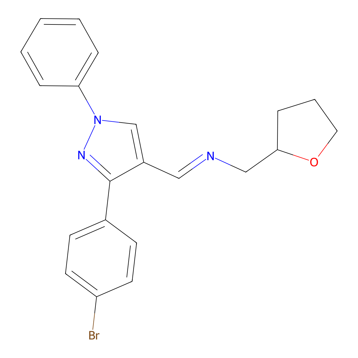 N-{(E)-[3-(4-bromophenyl)-1-phenyl-1H-pyrazol-4-yl]methylidene}-1-(tetrahydrofuran-2-yl)methanamine molecular structure, CAS 355115-22-9