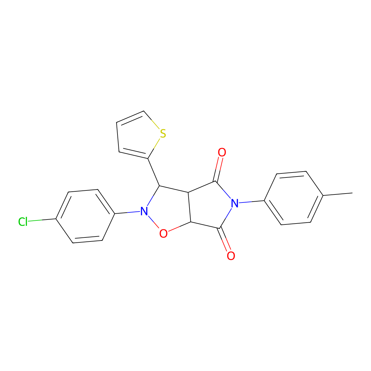 2-(4-chlorophenyl)-3-(thiophen-2-yl)-5-(p-tolyl)dihydro-2H-pyrrolo[3,4-d]isoxazole-4,6(5H,6aH)-dione molecular structure, CAS 355115-36-5