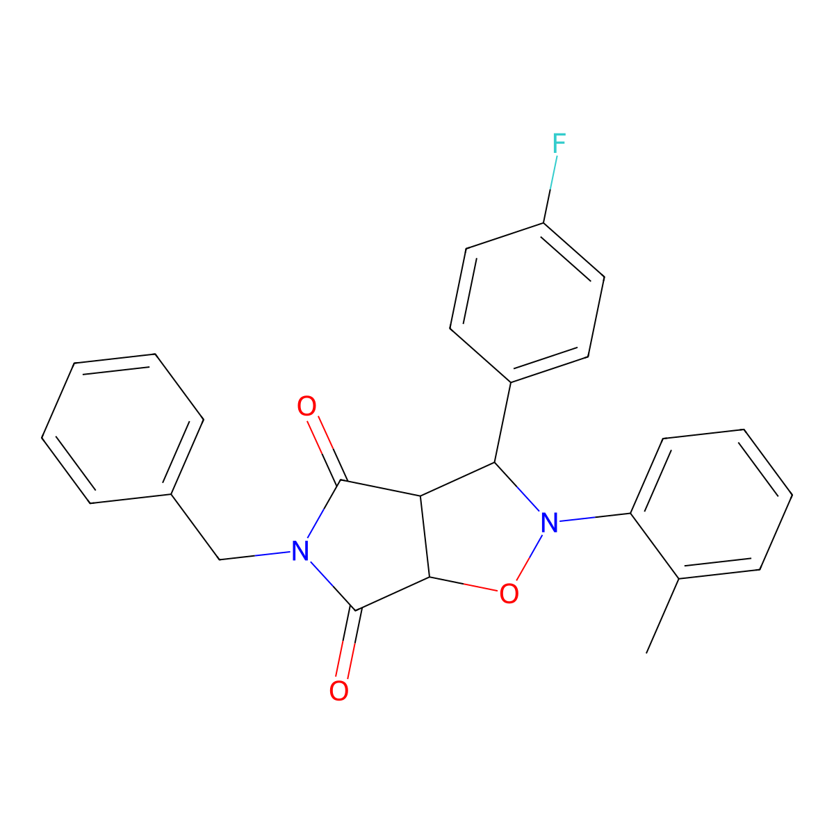 5-benzyl-3-(4-fluorophenyl)-2-(o-tolyl)dihydro-2H-pyrrolo[3,4-d]isoxazole-4,6(5H,6aH)-dione molecular structure, CAS 355115-37-6
