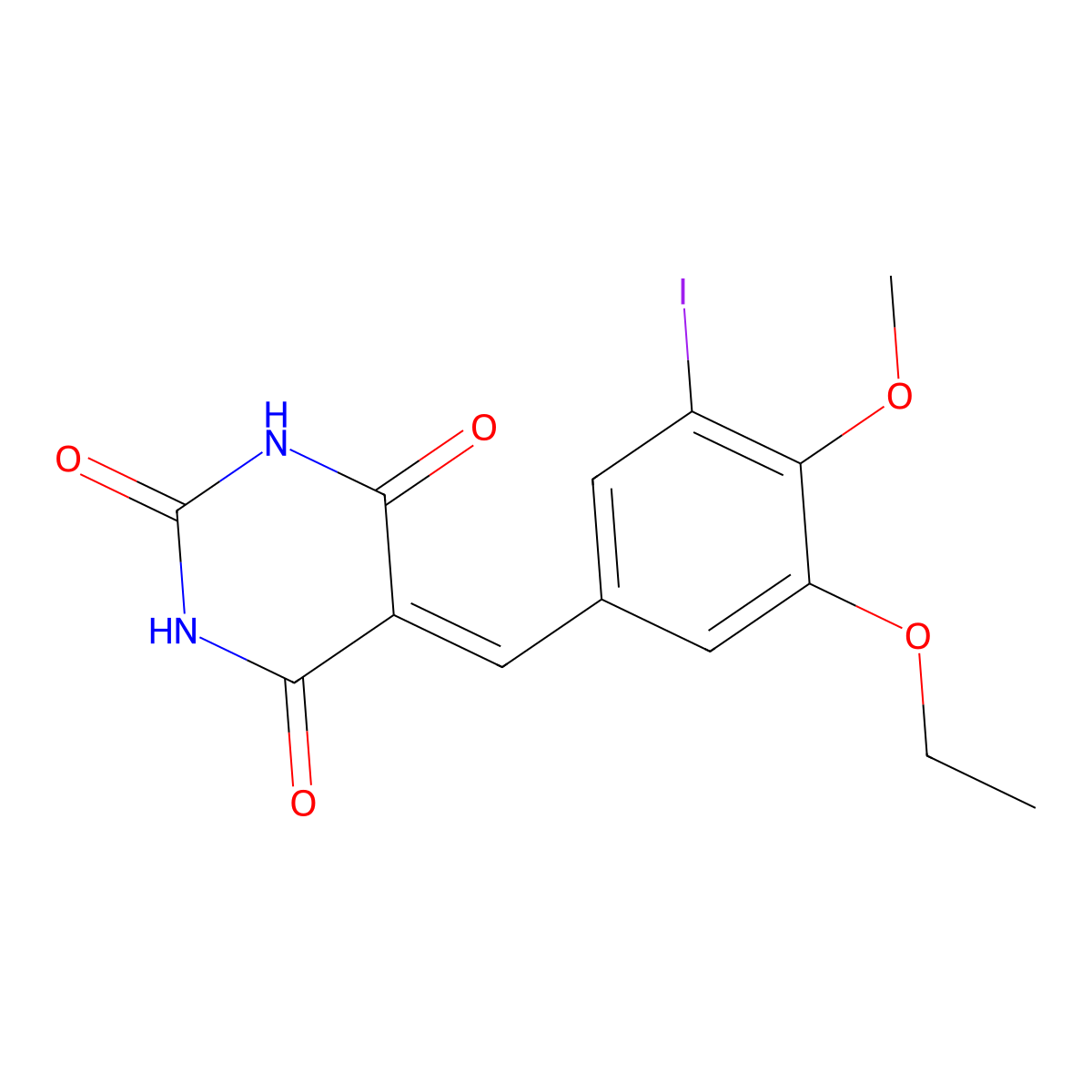 5-(3-ethoxy-5-iodo-4-methoxybenzylidene)-2,4,6(1H,3H,5H)-pyrimidinetrione molecular structure, CAS 355135-64-7
