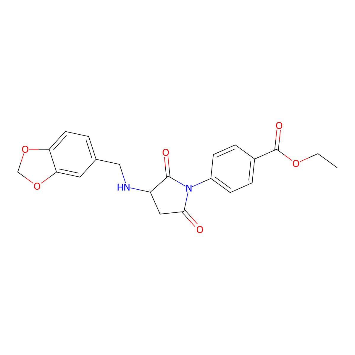 Ethyl 4-[3-(1,3-benzodioxol-5-ylmethylamino)-2,5-dioxopyrrolidin-1-yl]benzoate molecular structure, CAS 355138-28-2