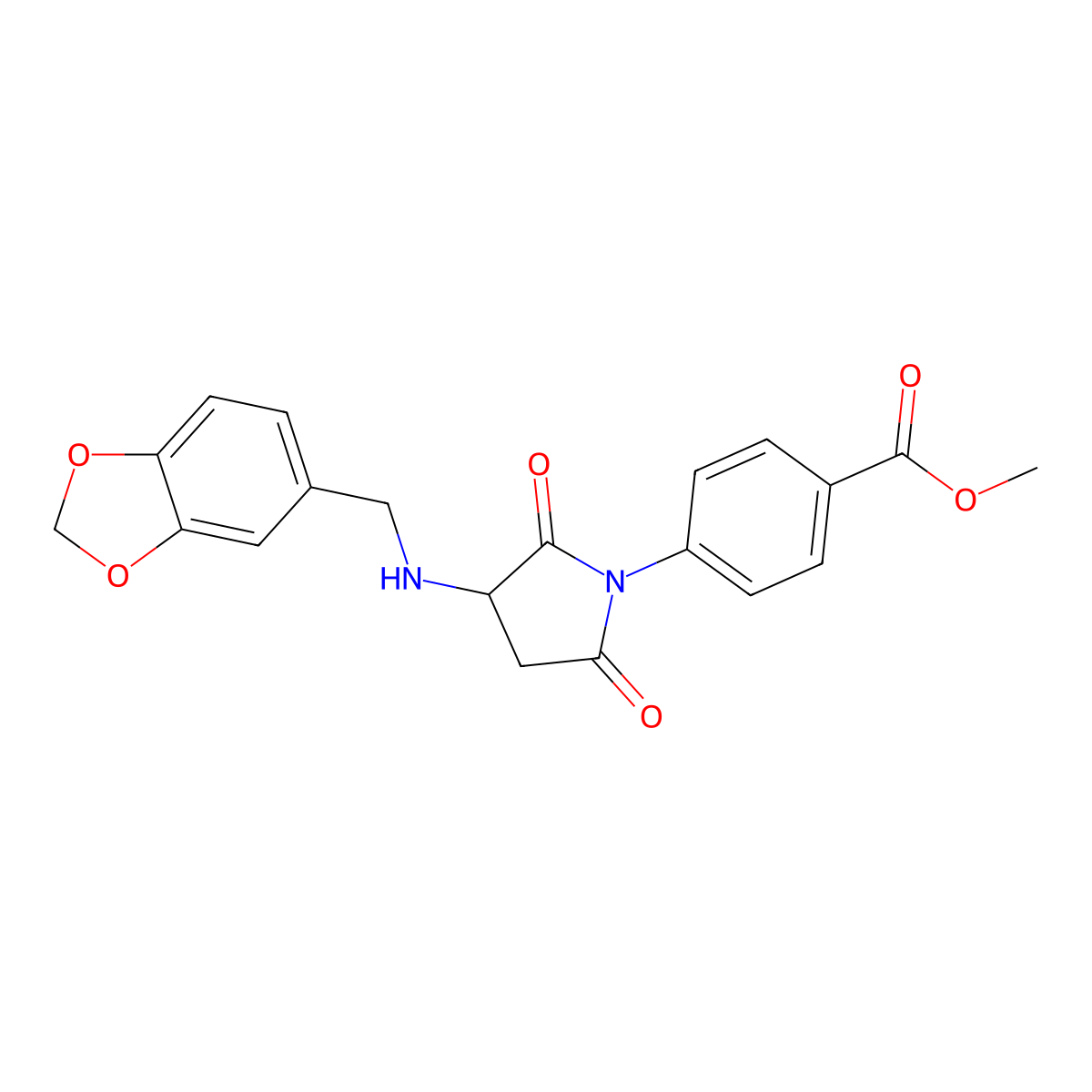 Methyl 4-{3-[(1,3-benzodioxol-5-ylmethyl)amino]-2,5-dioxopyrrolidin-1-yl}benzoate molecular structure, CAS 355142-90-4