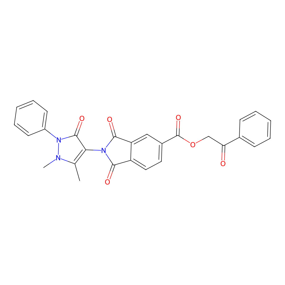2-oxo-2-phenylethyl 2-(1,5-dimethyl-3-oxo-2-phenyl-2,3-dihydro-1H-pyrazol-4-yl)-1,3-dioxo-2,3-dihydro-1H-isoindole-5-carboxylate molecular structure, CAS 355154-00-6