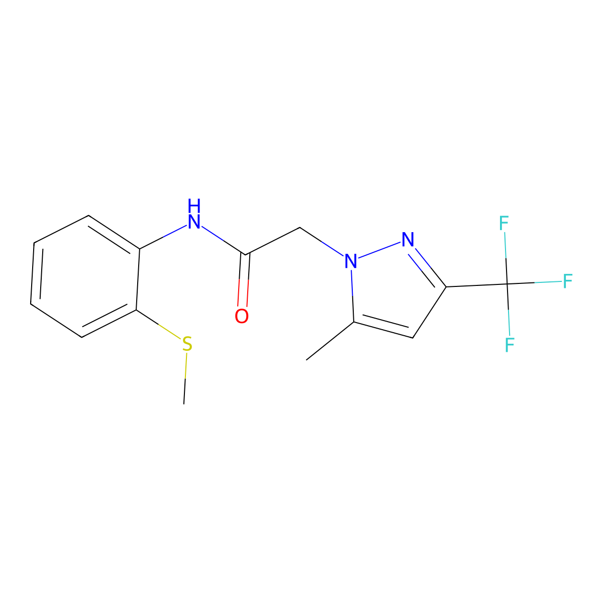 N-(2-methylsulfanylphenyl)-2-[5-methyl-3-(trifluoromethyl)pyrazol-1-yl]acetamide molecular structure, CAS 355368-24-0