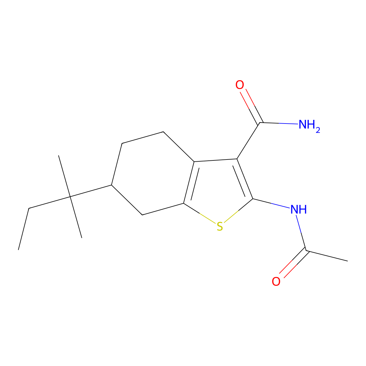 2-Acetamido-6-(2-methylbutan-2-yl)-4,5,6,7-tetrahydro-1-benzothiophene-3-carboxamide molecular structure, CAS 355384-43-9