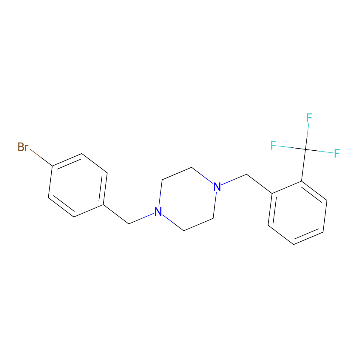 1-[(4-Bromophenyl)methyl]-4-[[2-(trifluoromethyl)phenyl]methyl]piperazine molecular structure, CAS 355396-27-9