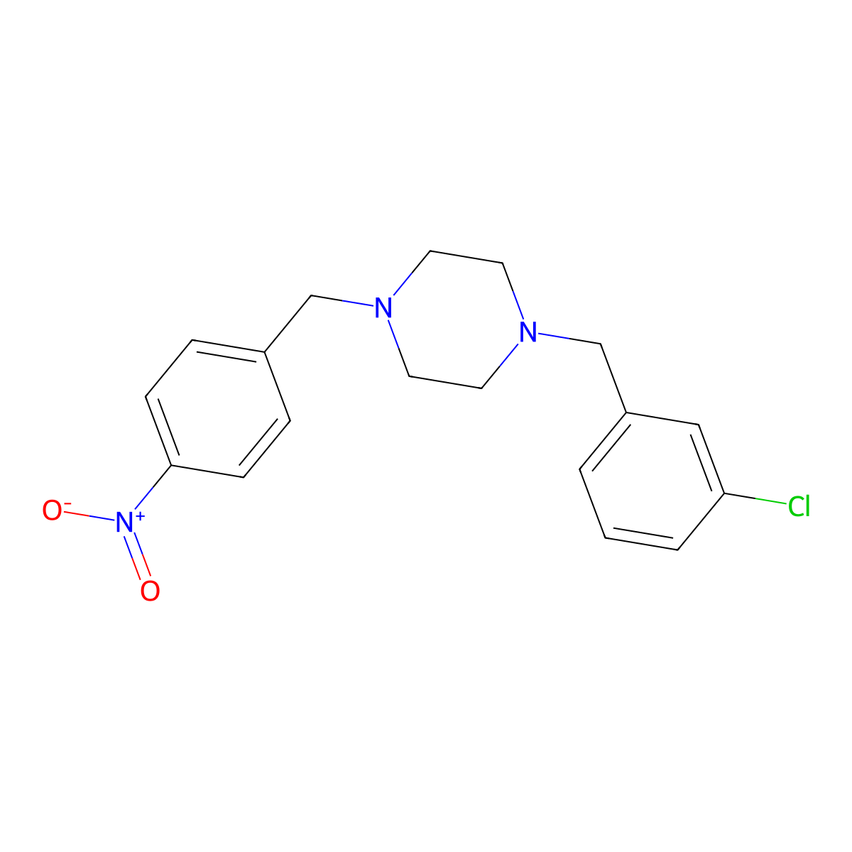 1-[(3-Chlorophenyl)methyl]-4-[(4-nitrophenyl)methyl]piperazine molecular structure, CAS 355396-29-1