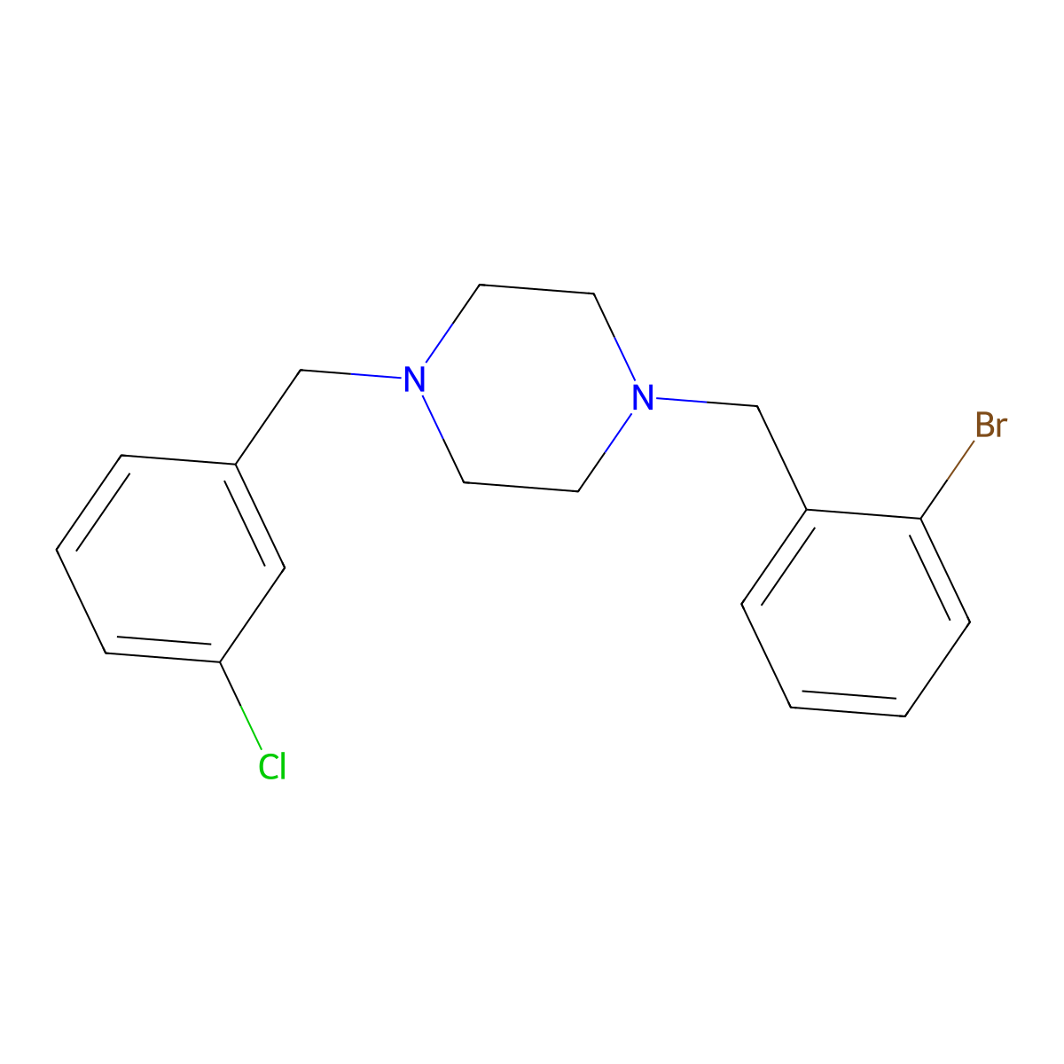 1-(2-Bromobenzyl)-4-(3-chlorobenzyl)piperazine molecular structure, CAS 355396-38-2