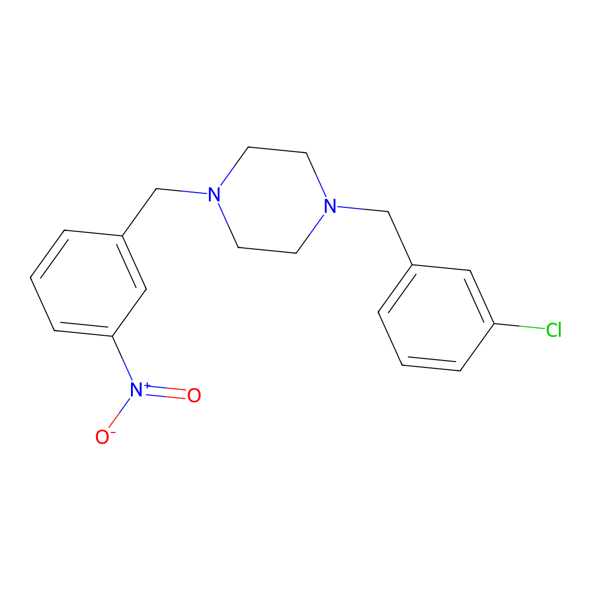 1-[(3-Chlorophenyl)methyl]-4-[(3-nitrophenyl)methyl]piperazine molecular structure, CAS 355396-40-6