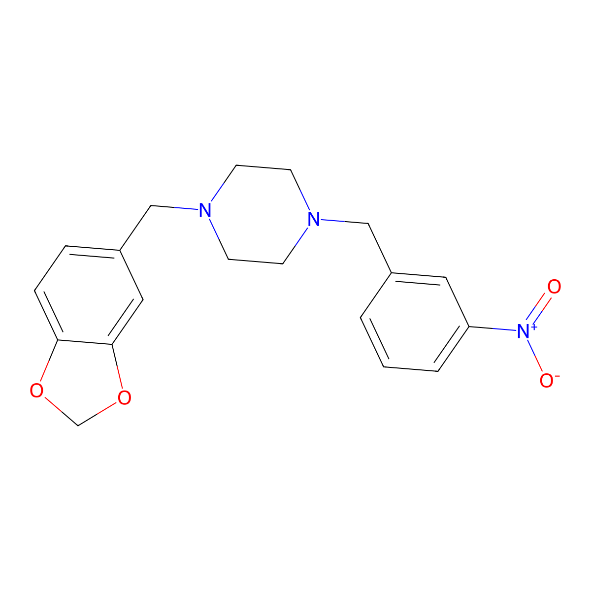 1-(1,3-Benzodioxol-5-ylmethyl)-4-[(3-nitrophenyl)methyl]piperazine molecular structure, CAS 355396-45-1