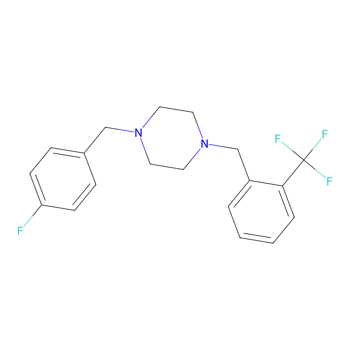 Piperazine, 1-(4-fluorobenzyl)-4-(2-trifluoromethylbenzyl)- molecular structure, CAS 355396-69-9