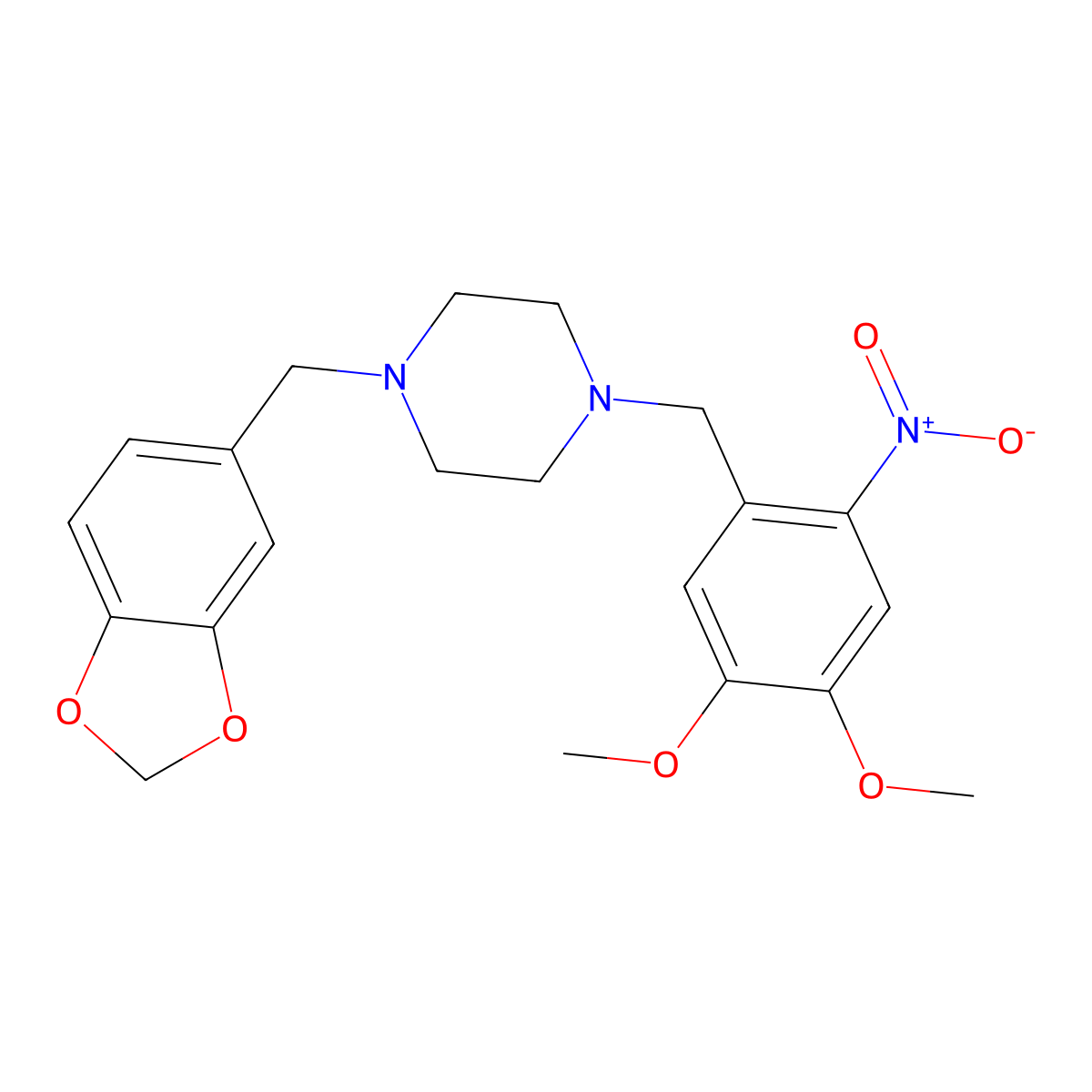 1-(1,3-Benzodioxol-5-ylmethyl)-4-[(4,5-dimethoxy-2-nitrophenyl)methyl]piperazine molecular structure, CAS 355396-87-1